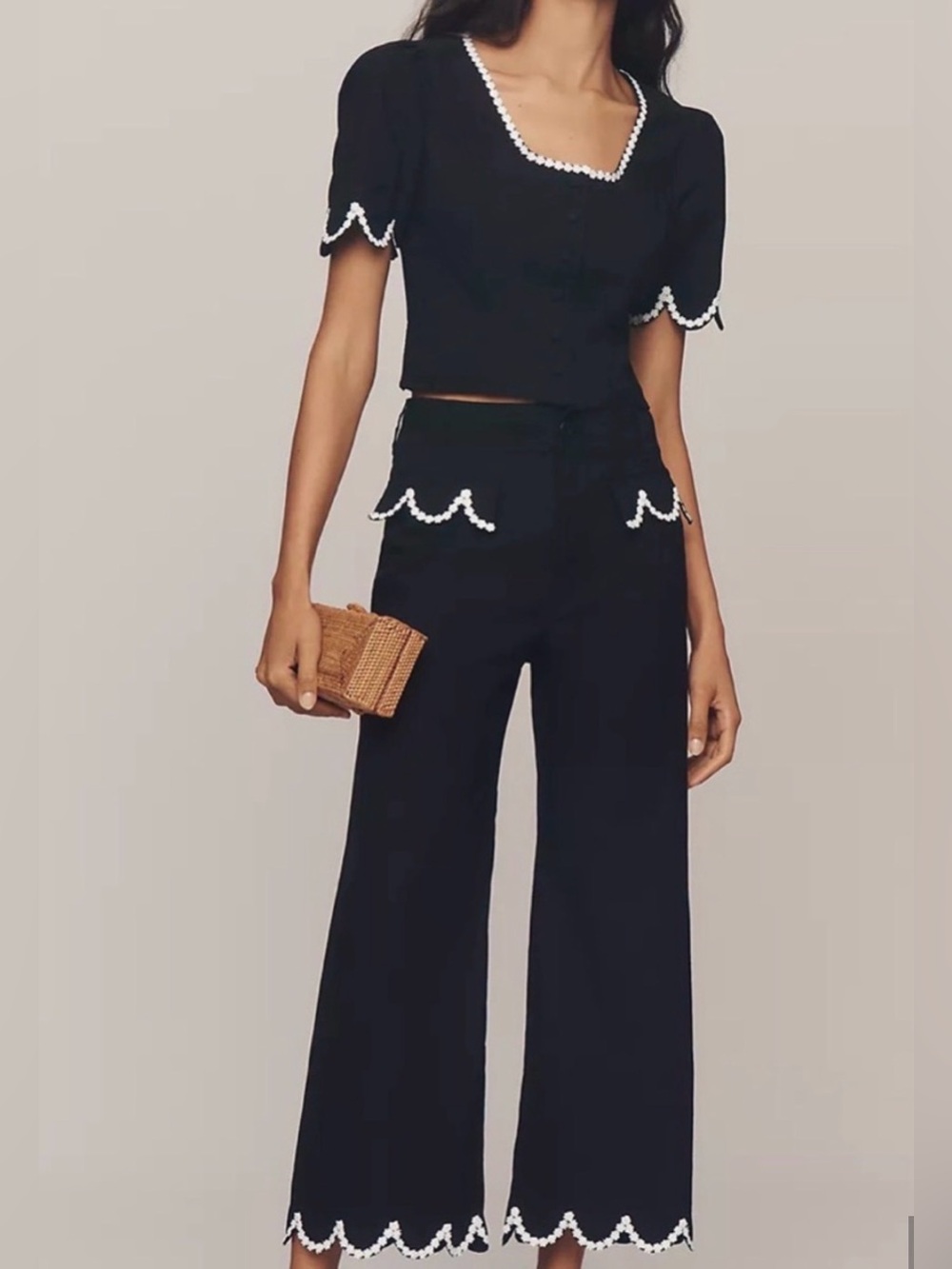 Maeve Black Wide-Leg Cropped Pants with Pearl-Trim & Matching Top